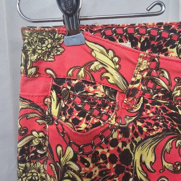 Hot Kiss Skinny Lily Pink Yellow Baroque Leopard Chain Print Jeans Retro Y2K 9 - Picture 3 of 16